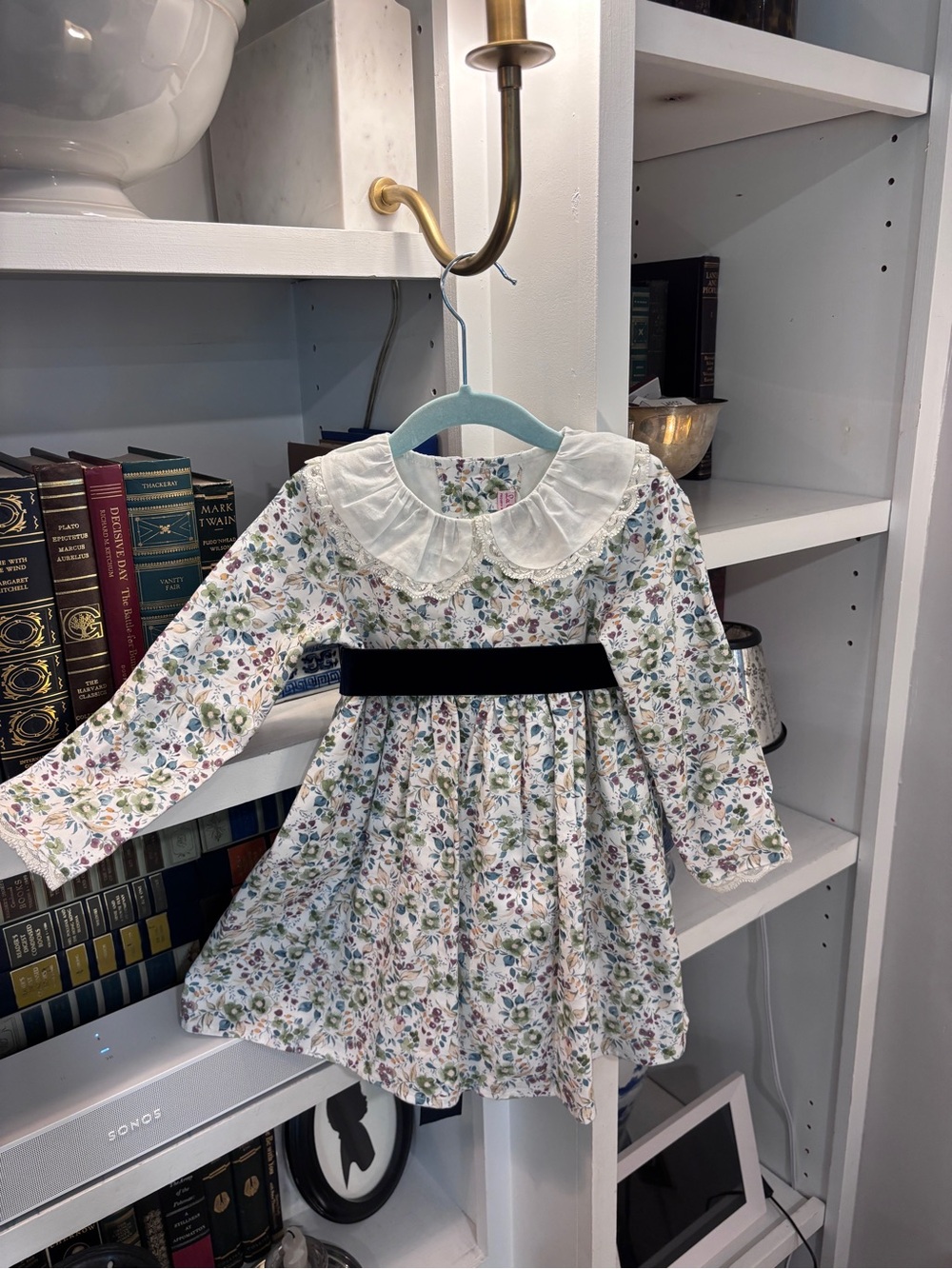 Girls' Floral Long-Sleeve Dress with Peter Pan Collar - White/Green